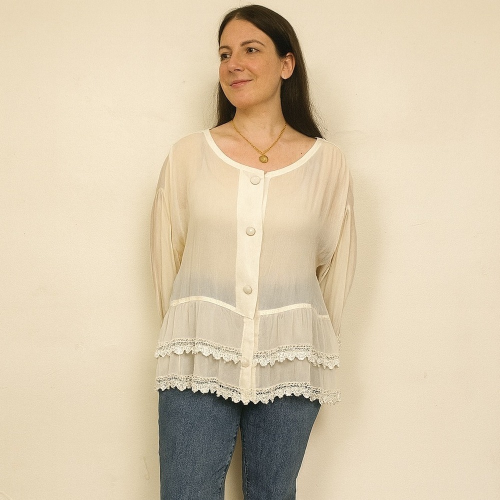 Vintage Harari Semi-Sheer Top Womens One Size Pale Cream 100% Silk Lace‎ Trim